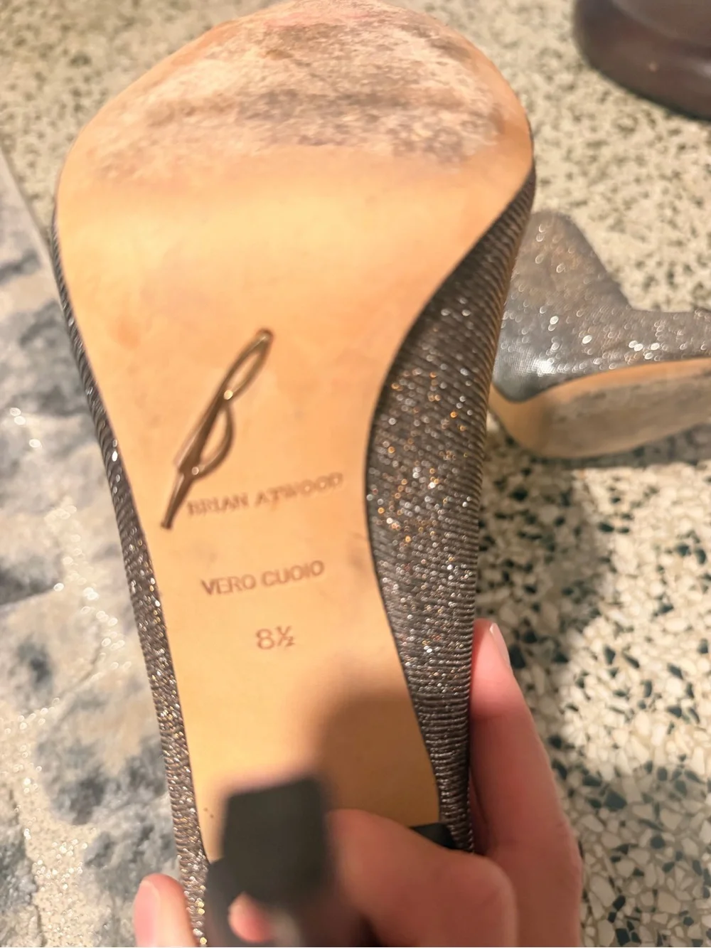 Brian Atwood Metallic Black and Gold Peep-Toe Slingback Heels